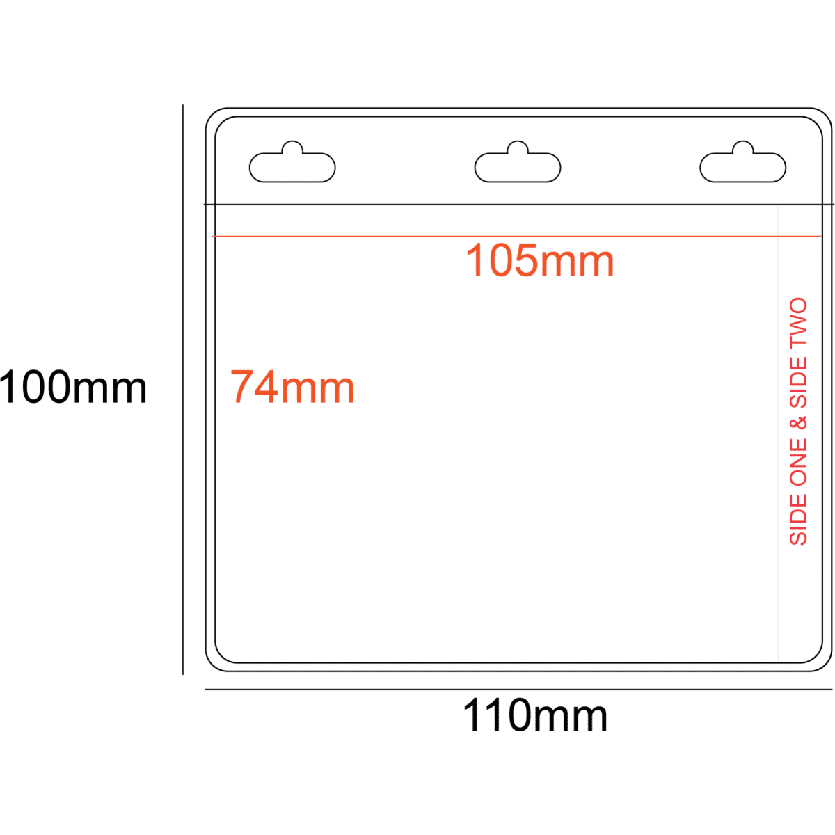 A clear PVC pocket holder with dimensions 105x74mm, featuring two pockets and three slots for hanging.