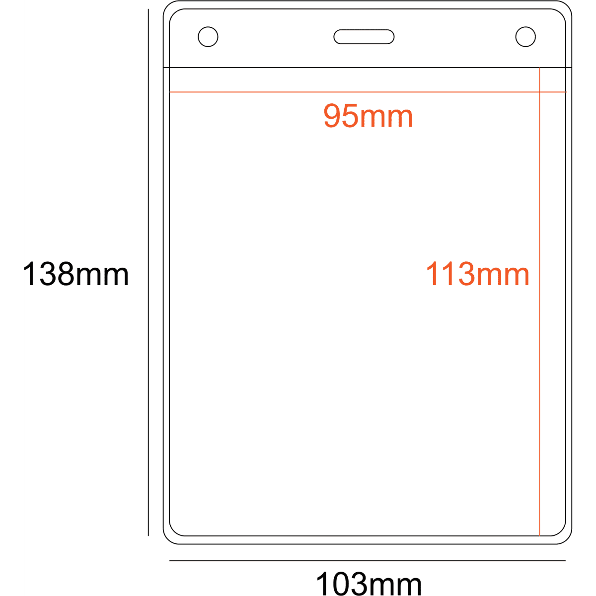 A transparent PVC badge holder measuring 95x113mm with a single slot at the top, framed in thin lines.