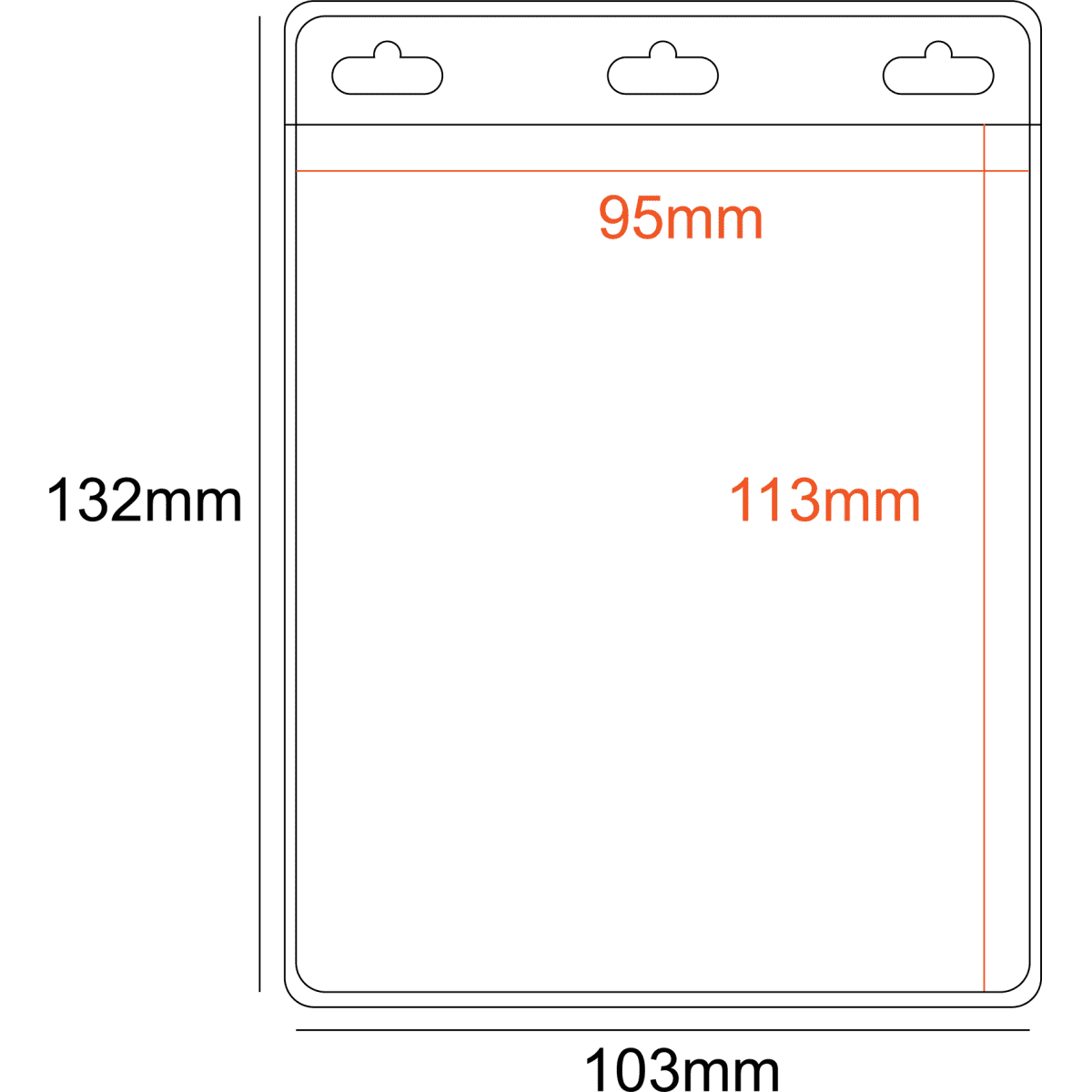 A transparent PVC pocket holder measuring 95x113mm with two pockets and three slots for hanging.