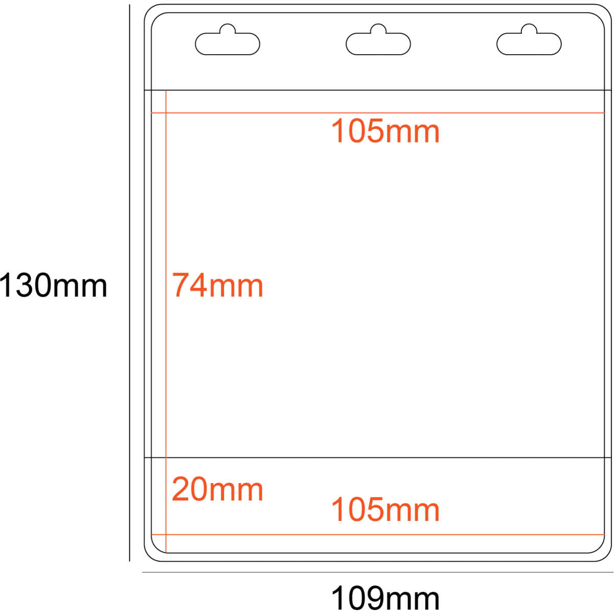 A transparent PVC pocket holder with three slots, measuring 105x74mm, designed for displaying badges.