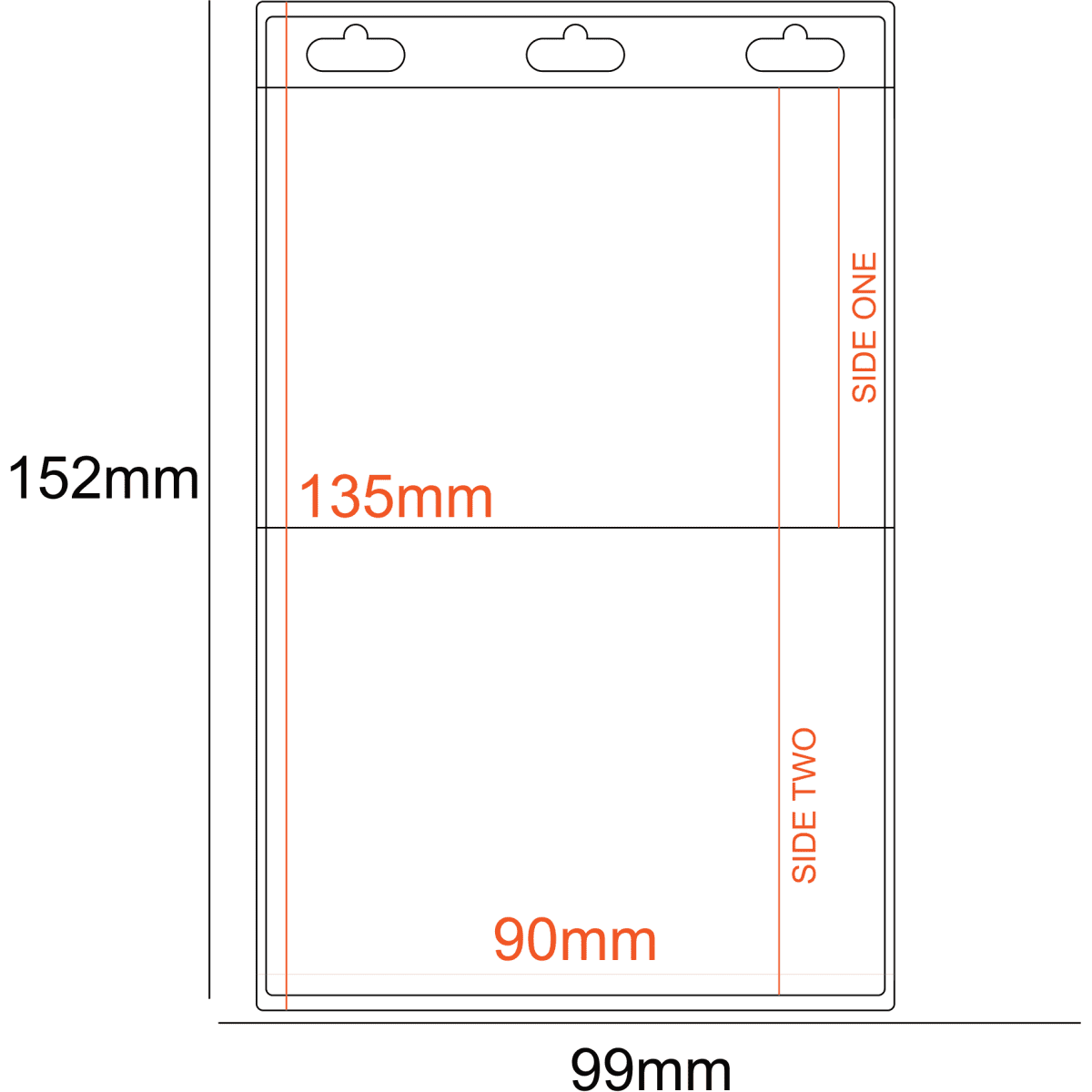 A transparent PVC pocket holder in clear colour, featuring two pockets and three slots for hanging.