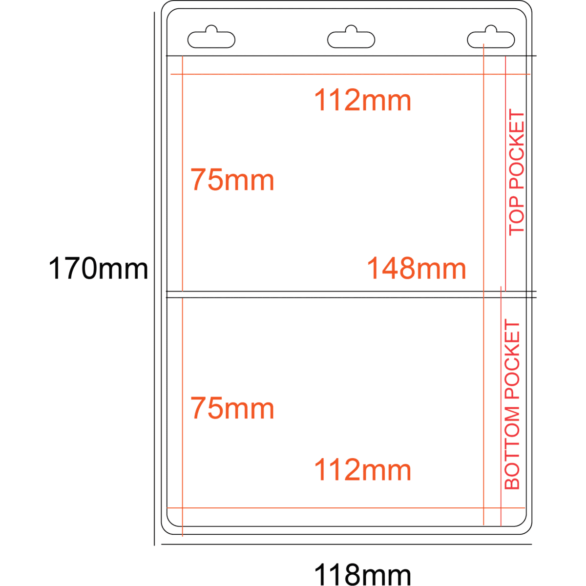 A transparent PVC pocket holder featuring three pockets and three slots, with dimensions marked in millimetres.