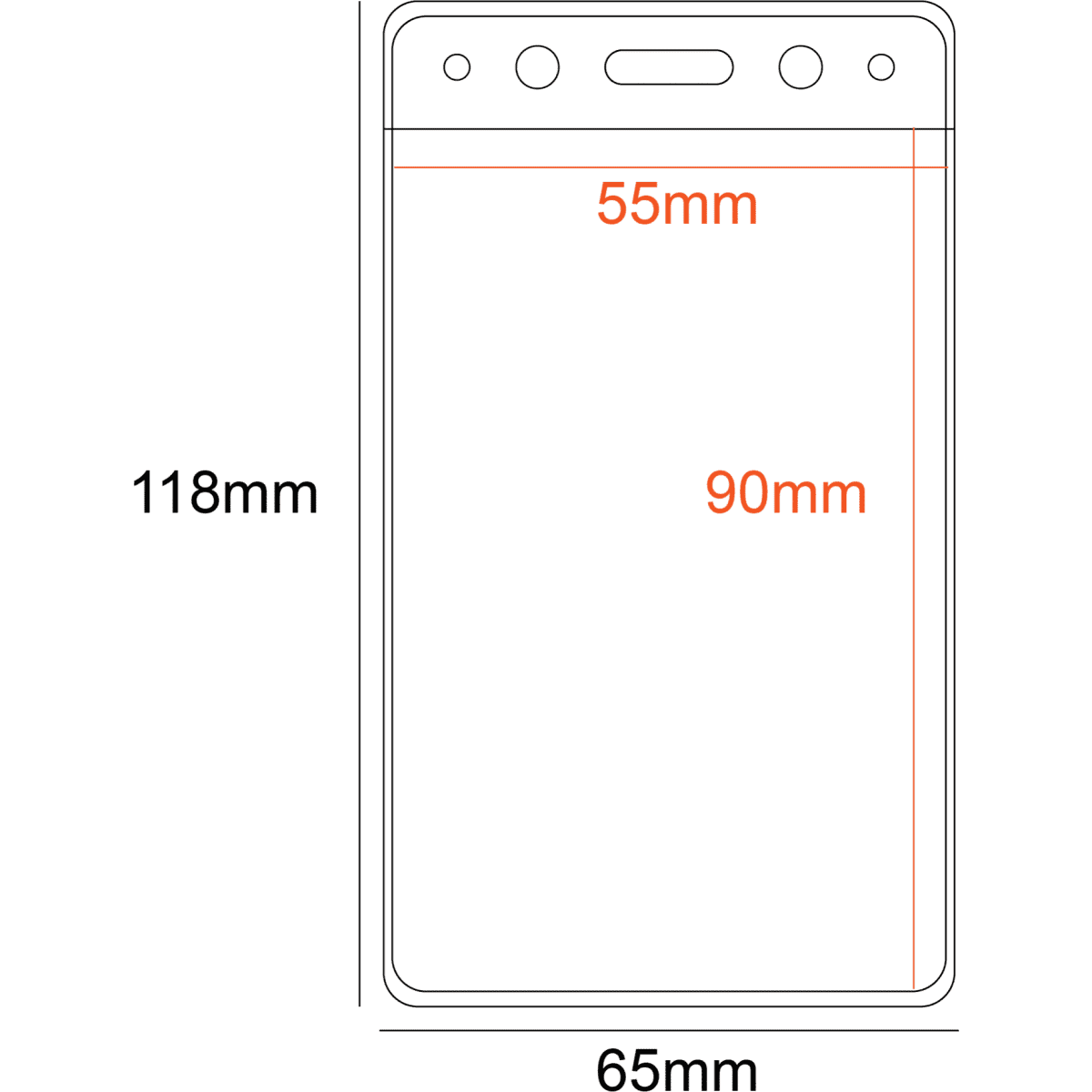 A clear PVC pocket holder measuring 90x55mm, featuring a single slot and rounded edges.