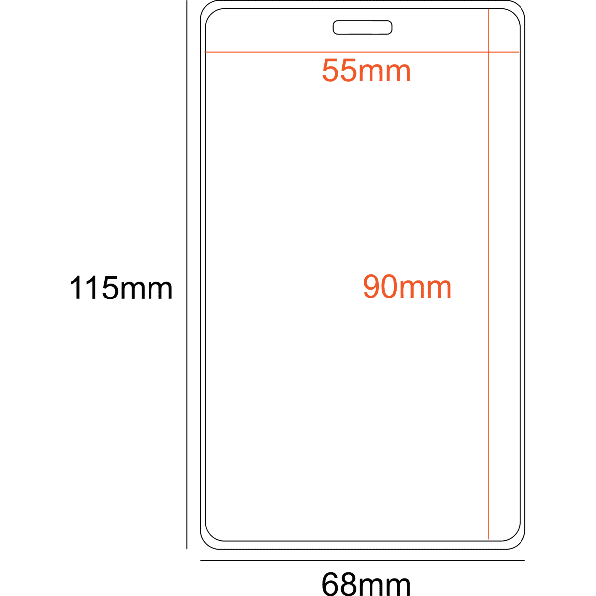 A heavy-duty, clear PVC pocket holder designed for badges, measuring 90x55mm with a single slot.