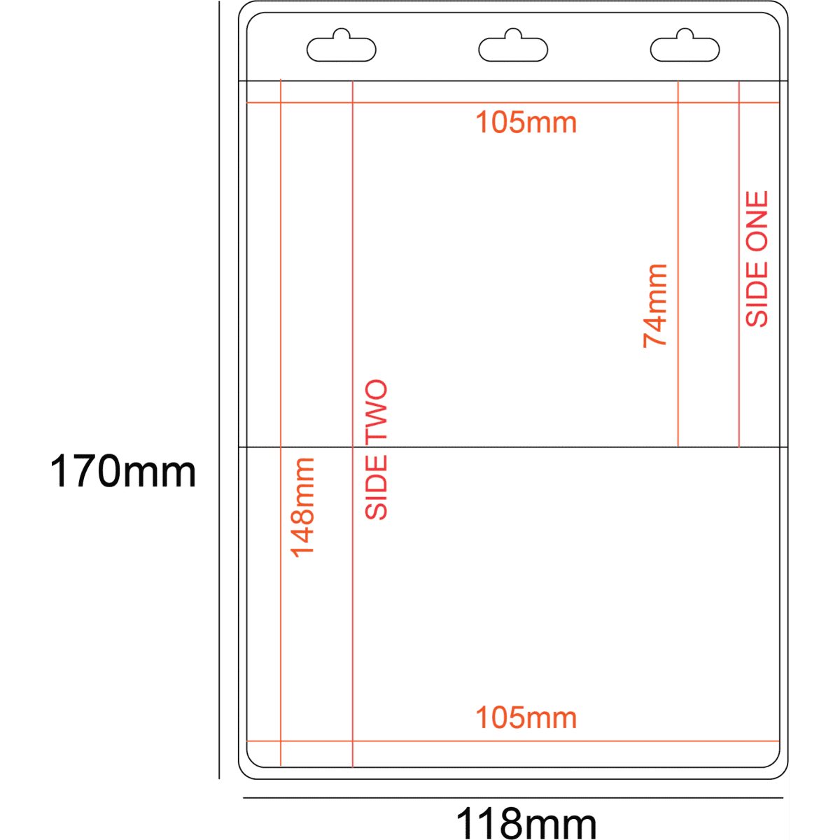 A clear PVC pocket holder with three slots, featuring red measurement markings, sized A6 at 170mm by 118mm.