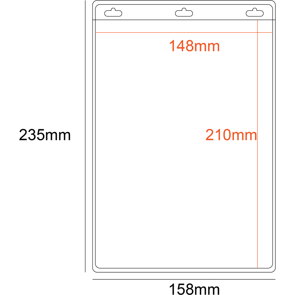 A transparent PVC pocket holder in A5 size with one slot and dimensions of 235mm x 158mm.