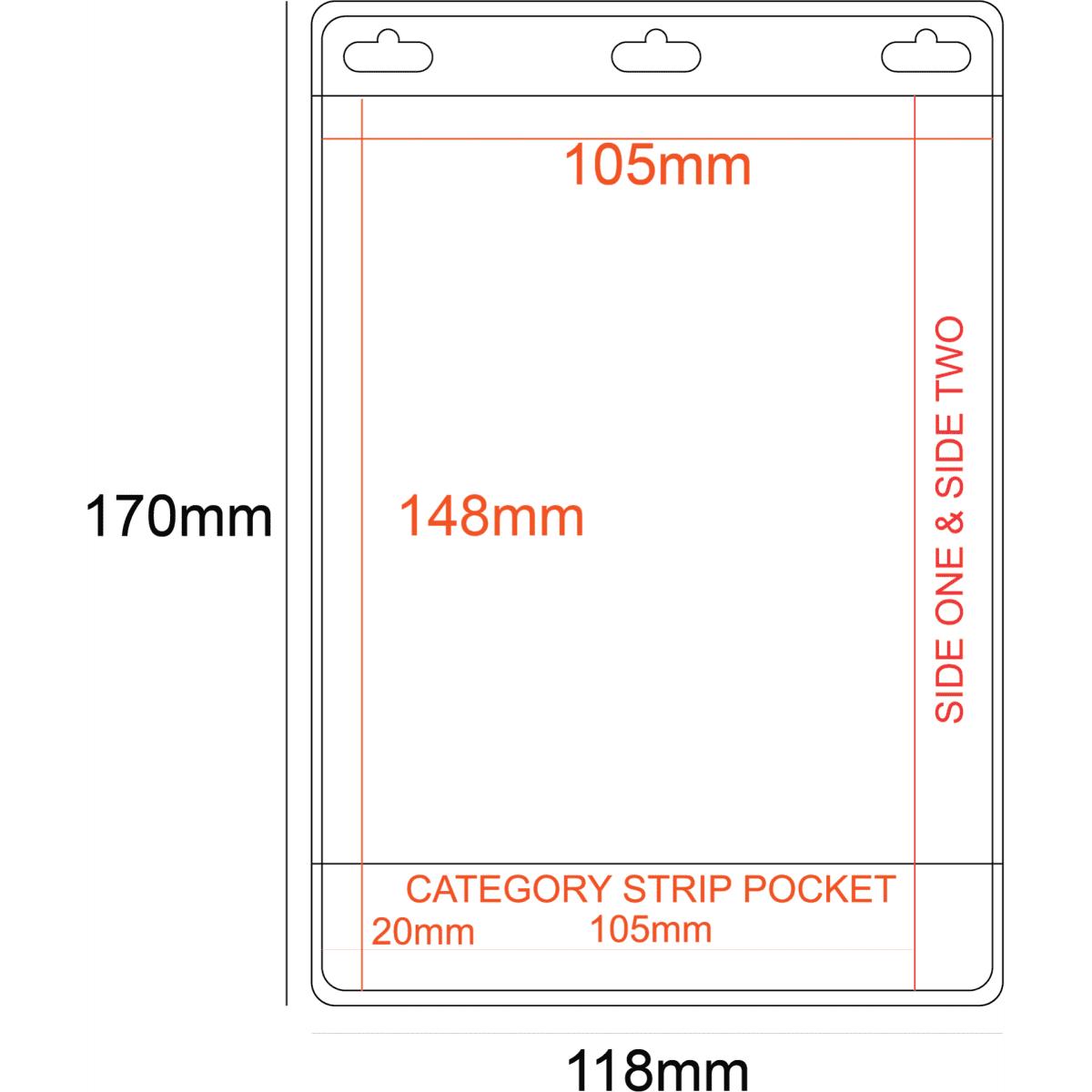 A clear PVC pocket holder in A6 size with two pockets and three slots, featuring red measurements.