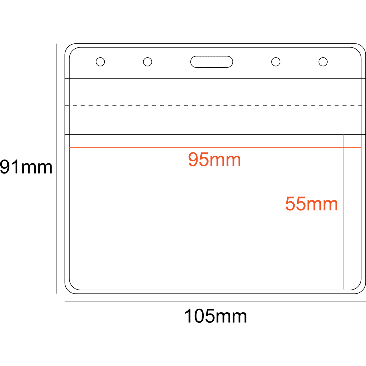 A clear PVC pocket holder in landscape orientation, measuring 105mm x 91mm, with multiple slot openings.