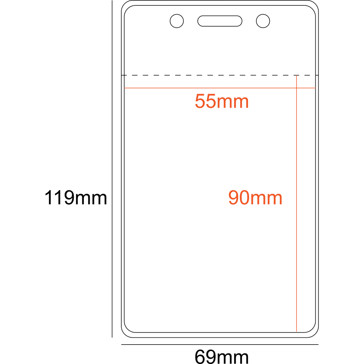 A clear PVC pocket holder in portrait orientation, sized 55x90mm, featuring a ziplock and one slot.