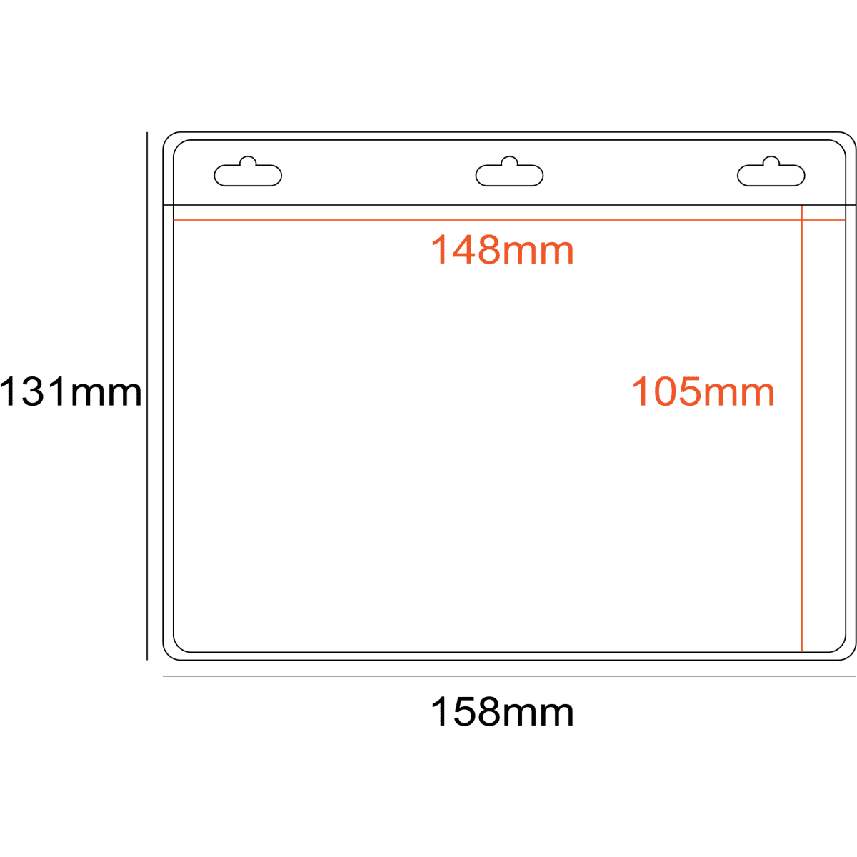 A transparent PVC pocket holder in landscape orientation, measuring 158mm x 131mm, with three slots at the top.