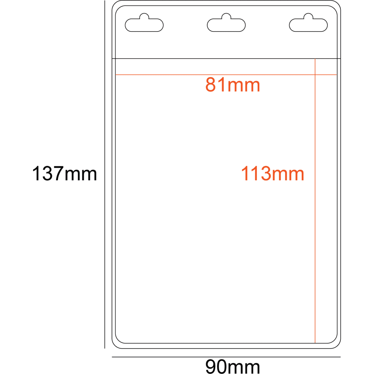 A PVC pocket holder in clear, featuring three slots and dimensions of 81mm x 113mm, suitable for badges.