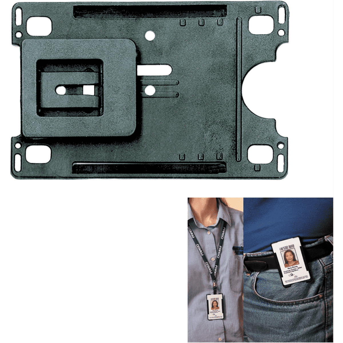 A black plastic rigid card holder with swivel hook clip, designed for securely holding ID cards.