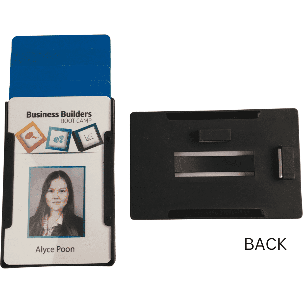 A plastic rigid multiple card holder in black, showcasing a front and back view with slots for cards.