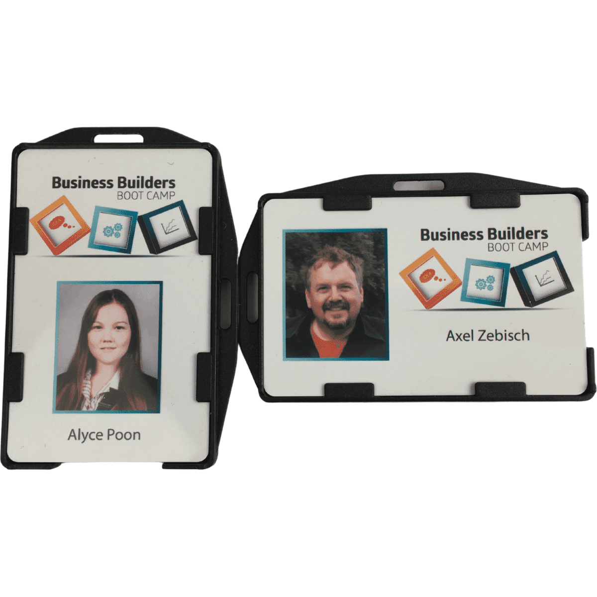 A double-sided black rigid ID card holder displaying two ID photos and names, with a logo visible.