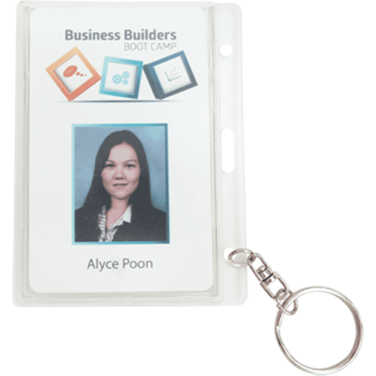 A rigid security ID card holder in clear plastic with a keyring attachment. Includes an image and text area.