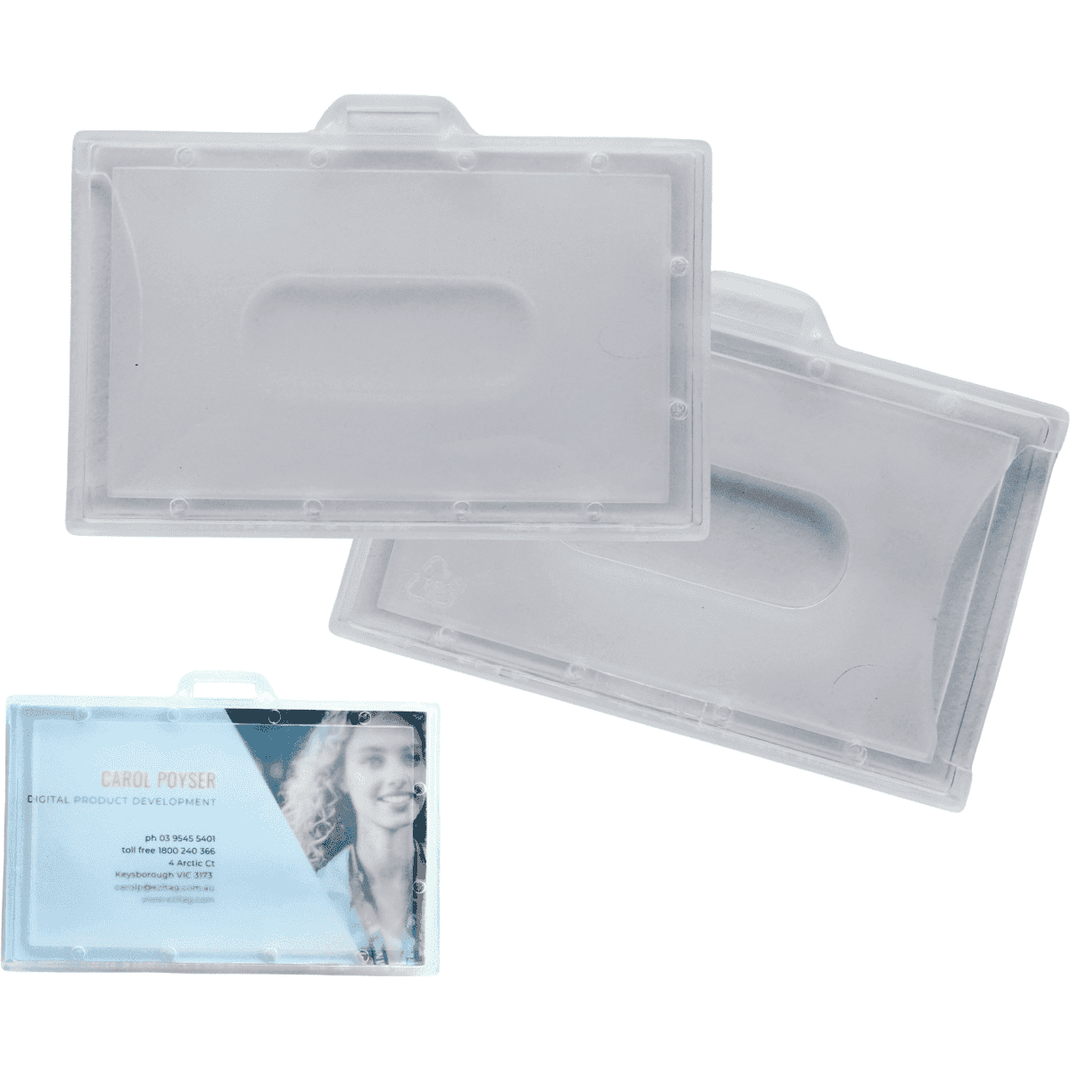 A frosted plastic ID card holder with a vinyl strap loop, featuring a clear and light-coloured design.