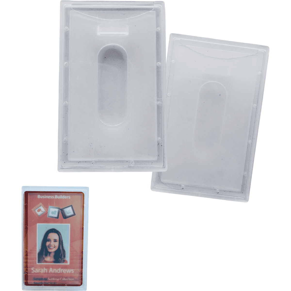 A frosted plastic ID card holder in portrait orientation with a vinyl strap loop, featuring a blank card.