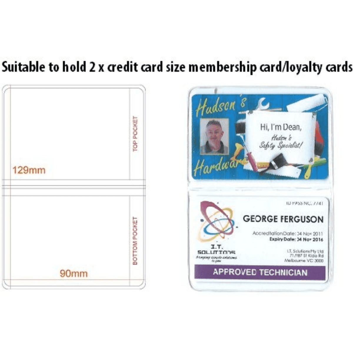 A clear PVC pocket holder for credit and membership cards, featuring two pockets with a logo. It measures 129mm by 90mm.