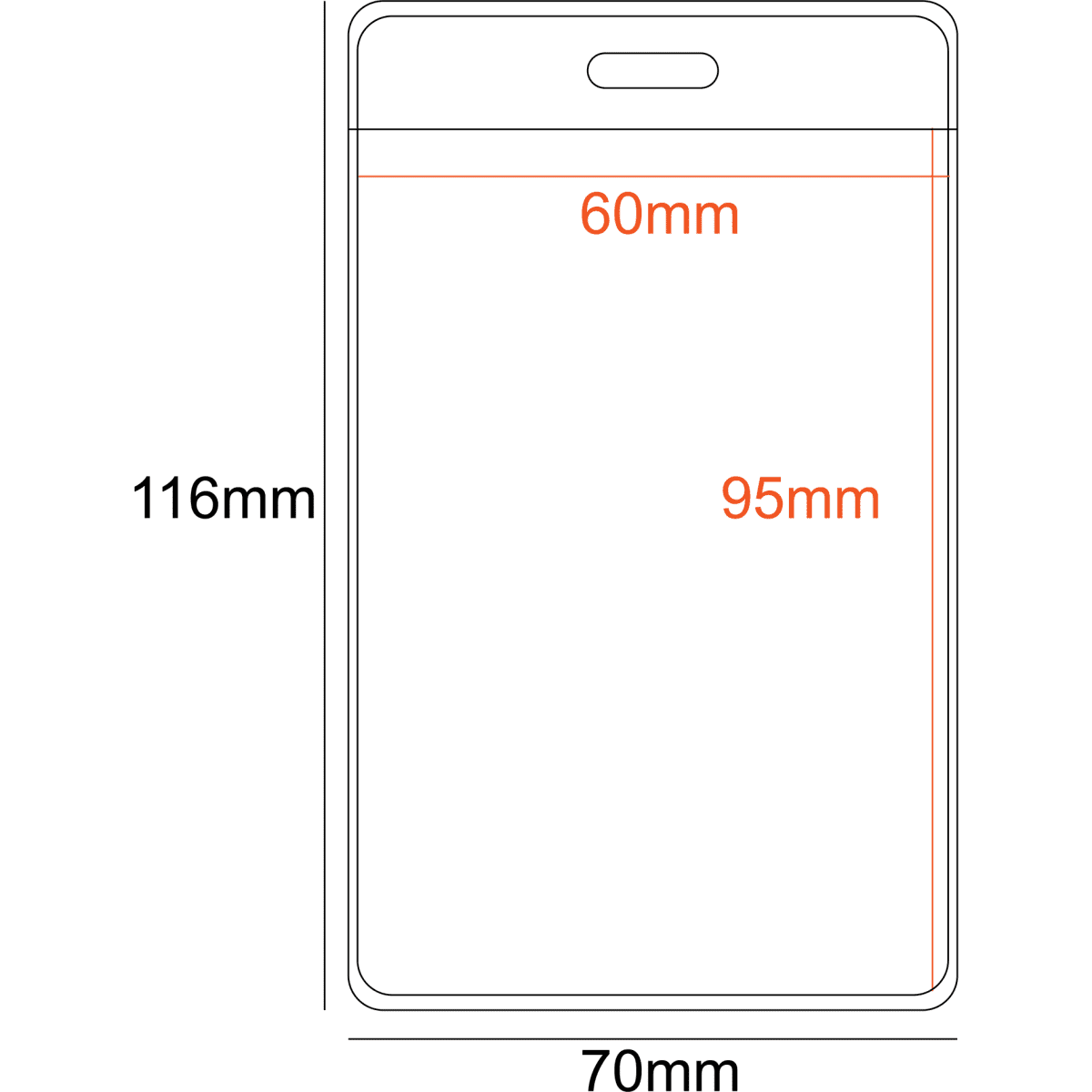A transparent PVC pocket holder in portrait orientation, measuring 70x116mm, featuring a slot for attachment.