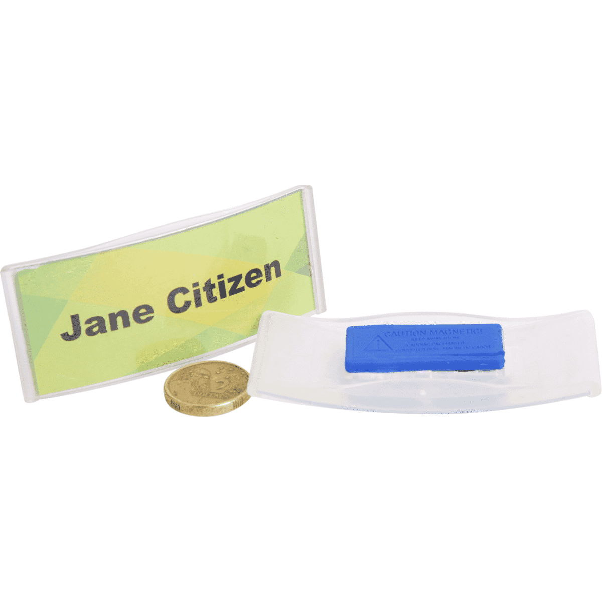 A clear name tag holder with a blue reverse magnet and a gold coin for scale. Features a logo on the holder.