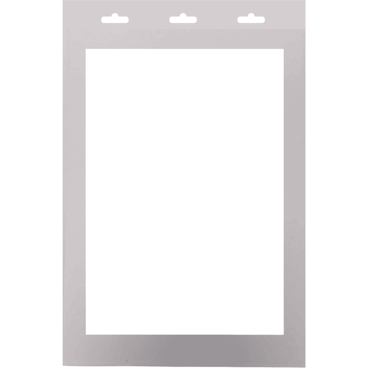 A clear A6 name tag holder in a silver tone, featuring double side openings and three slots at the top.