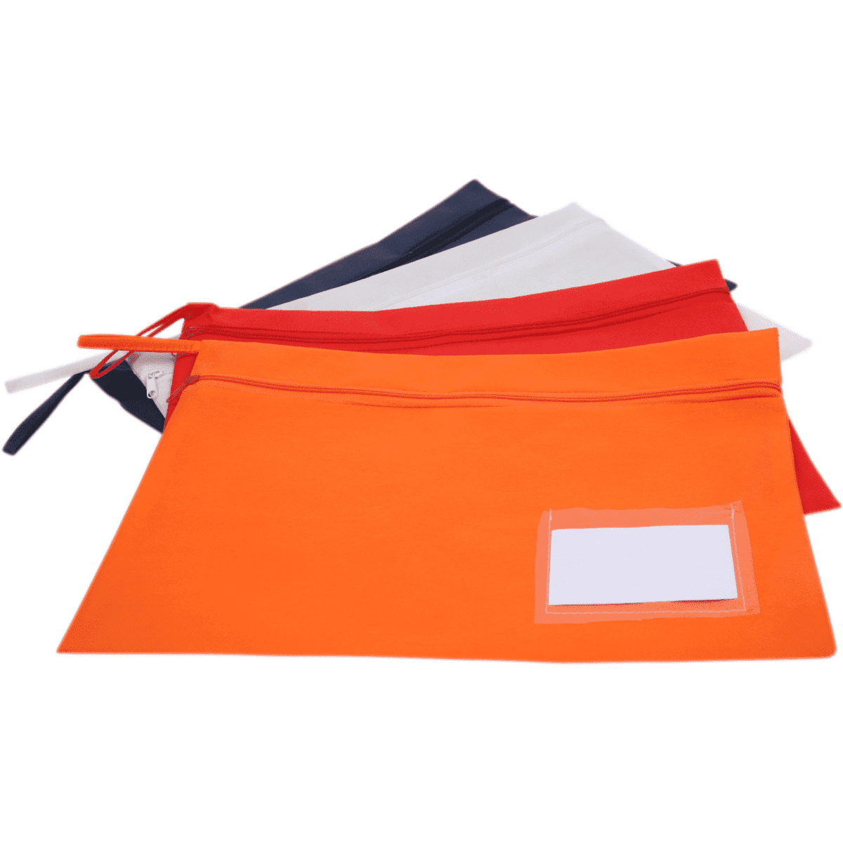 A set of four A4 non-woven document satchels in orange, red, white, and navy, each with a clear label pocket.