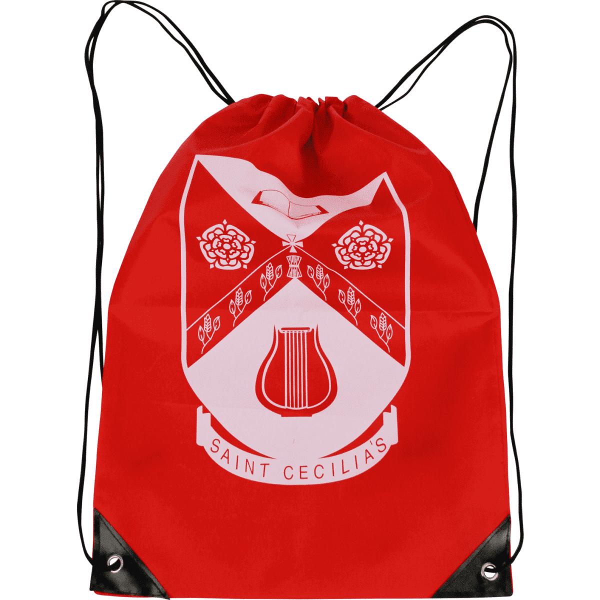 A red drawstring backpack featuring a logo and black accents. Ideal for carrying personal items.
