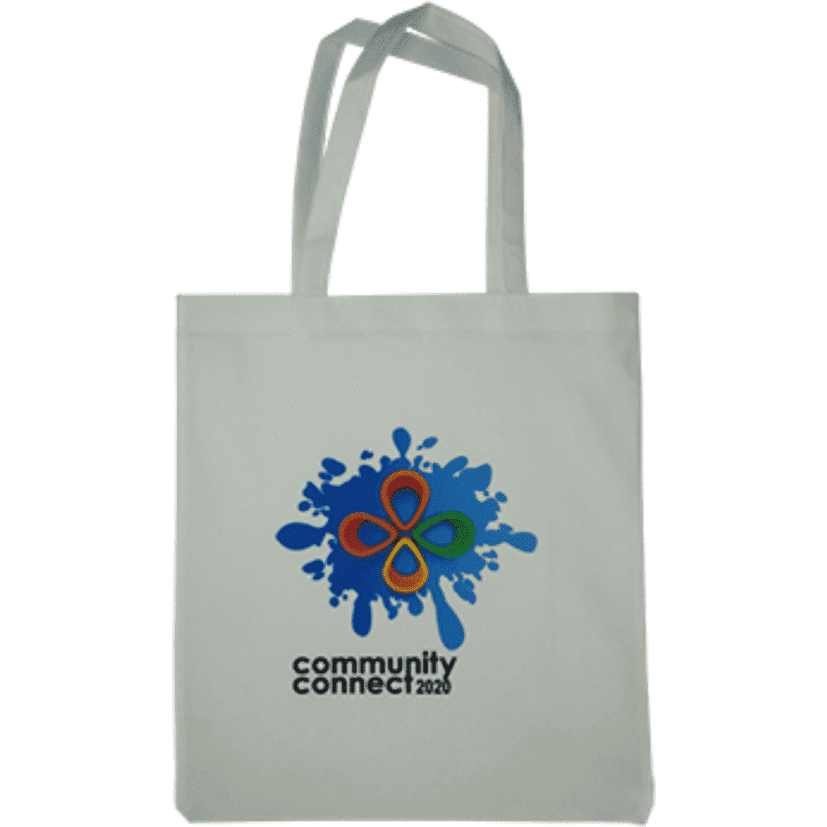A light grey non-woven tote bag featuring a colourful splash design and a logo. Size is 370x420mm.