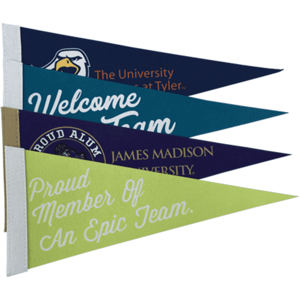 Four felt pennants in blue, green, and purple, featuring logos and text, approximately 13 x 30 cm each.