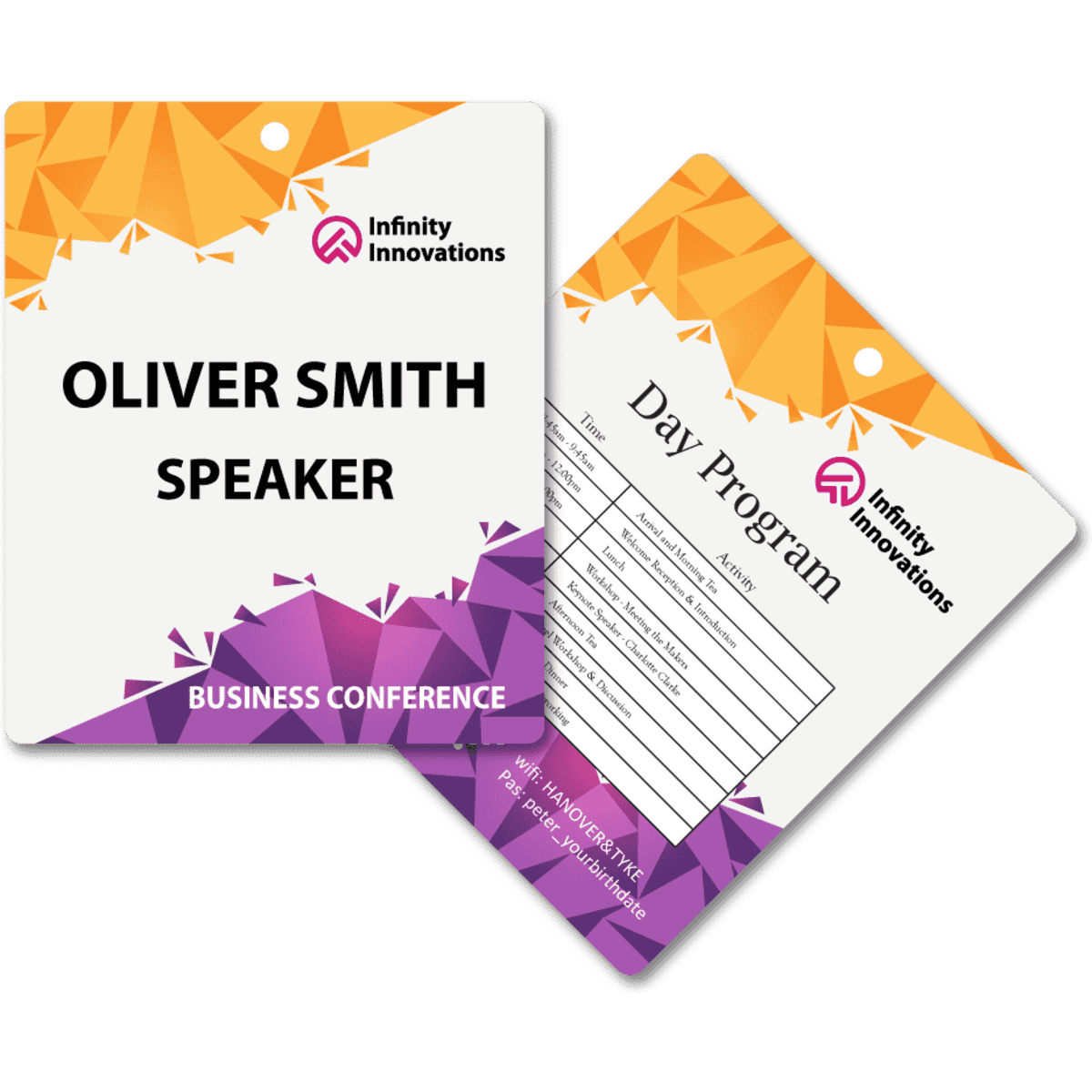 A double-sided eco paper name tag featuring a geometric design in purple and orange, with a hole for attachment.