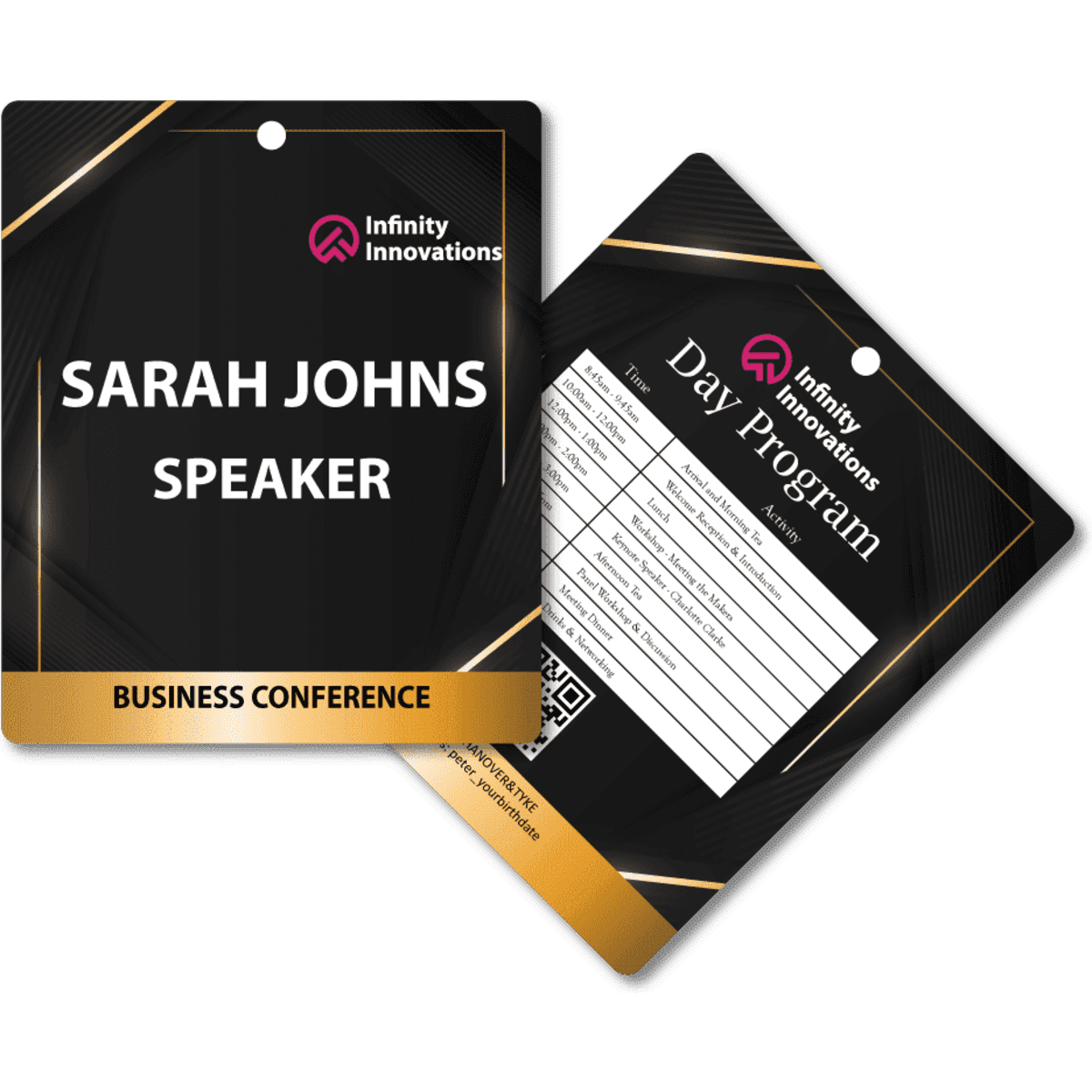 A black and gold name tag with a hole at the top, featuring a branding logo and details for a conference speaker.