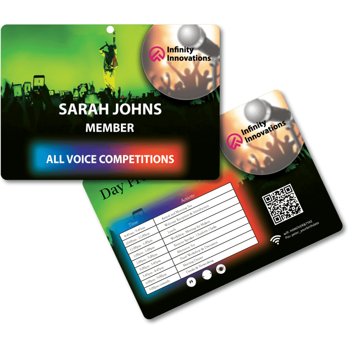 A dual-sided promotional name tag featuring a vibrant design with a logo, member details, and a QR code.
