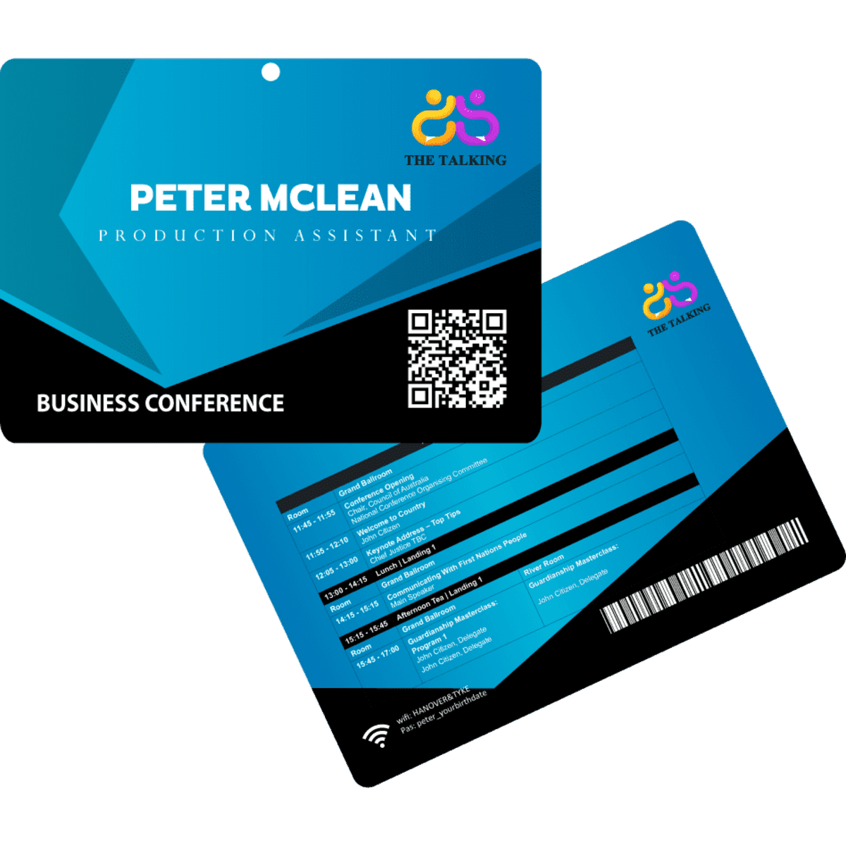 A name tag in blue and black with a gloss finish, featuring a QR code and a branding logo on one side.