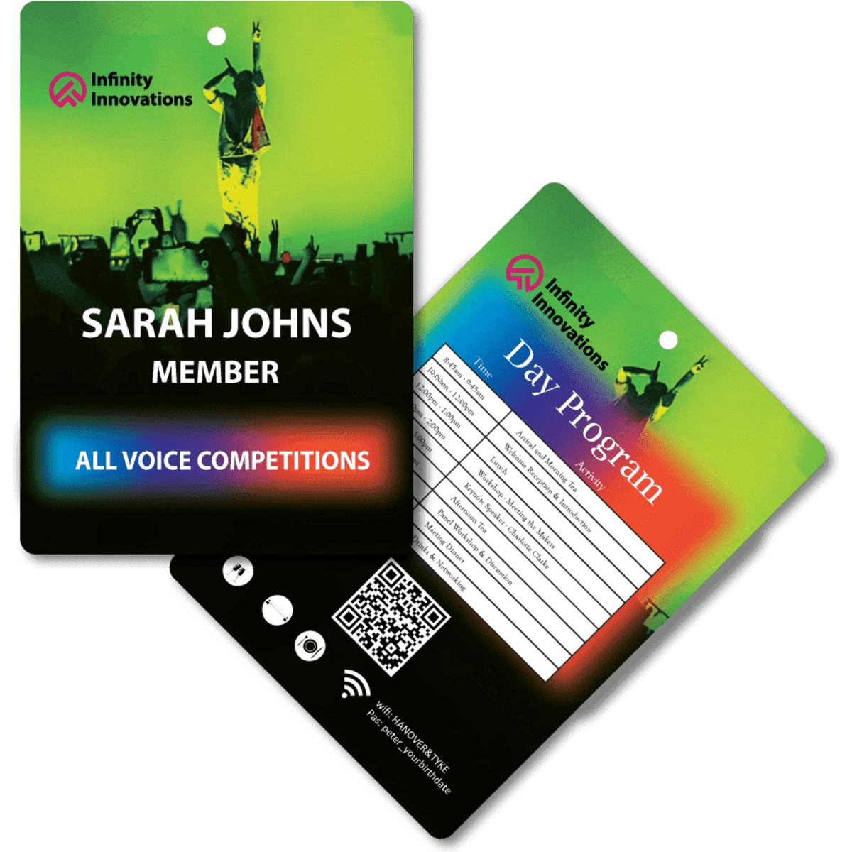 Two rectangular name tags in vibrant colours with a hole for attachment, featuring a logo and various text sections.