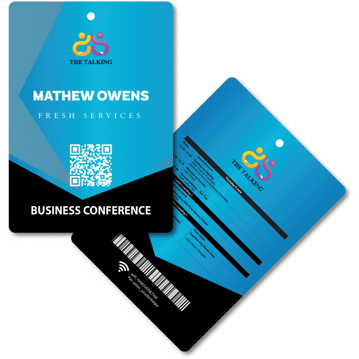 A thin laminate name tag featuring a blue design with a logo, QR code, and space for details on both sides.