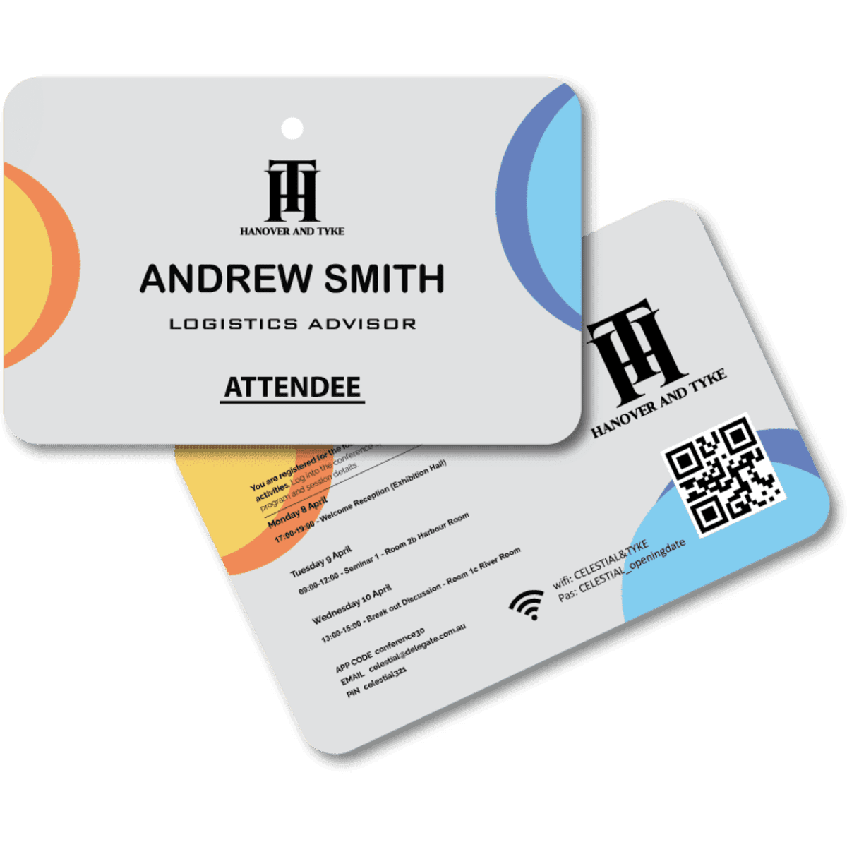 A promotional eco paper name tag in light grey with colourful accents, featuring a logo and space for personal details.