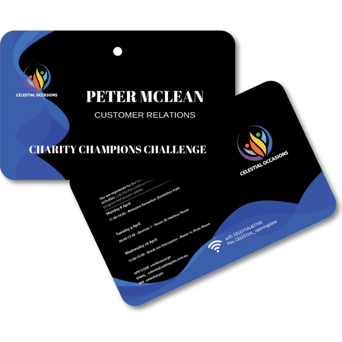 A thin laminate name tag in black and blue, featuring a hole for attachment and a logo design.