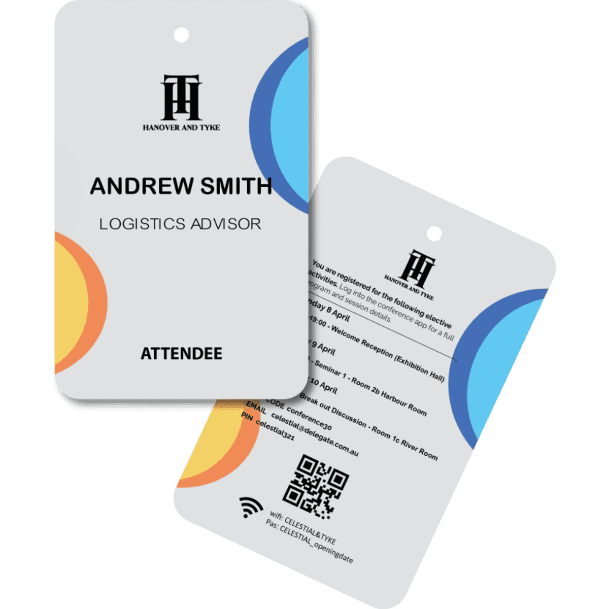 A name tag featuring a grey background with colourful accents, including a logo and QR code on the reverse side.
