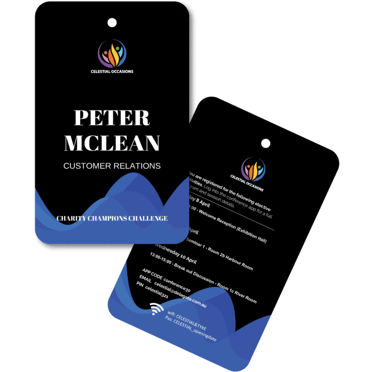 A pair of black name tags with glossy finish, featuring different details and a colourful logo. One tag has a hole for attachment.