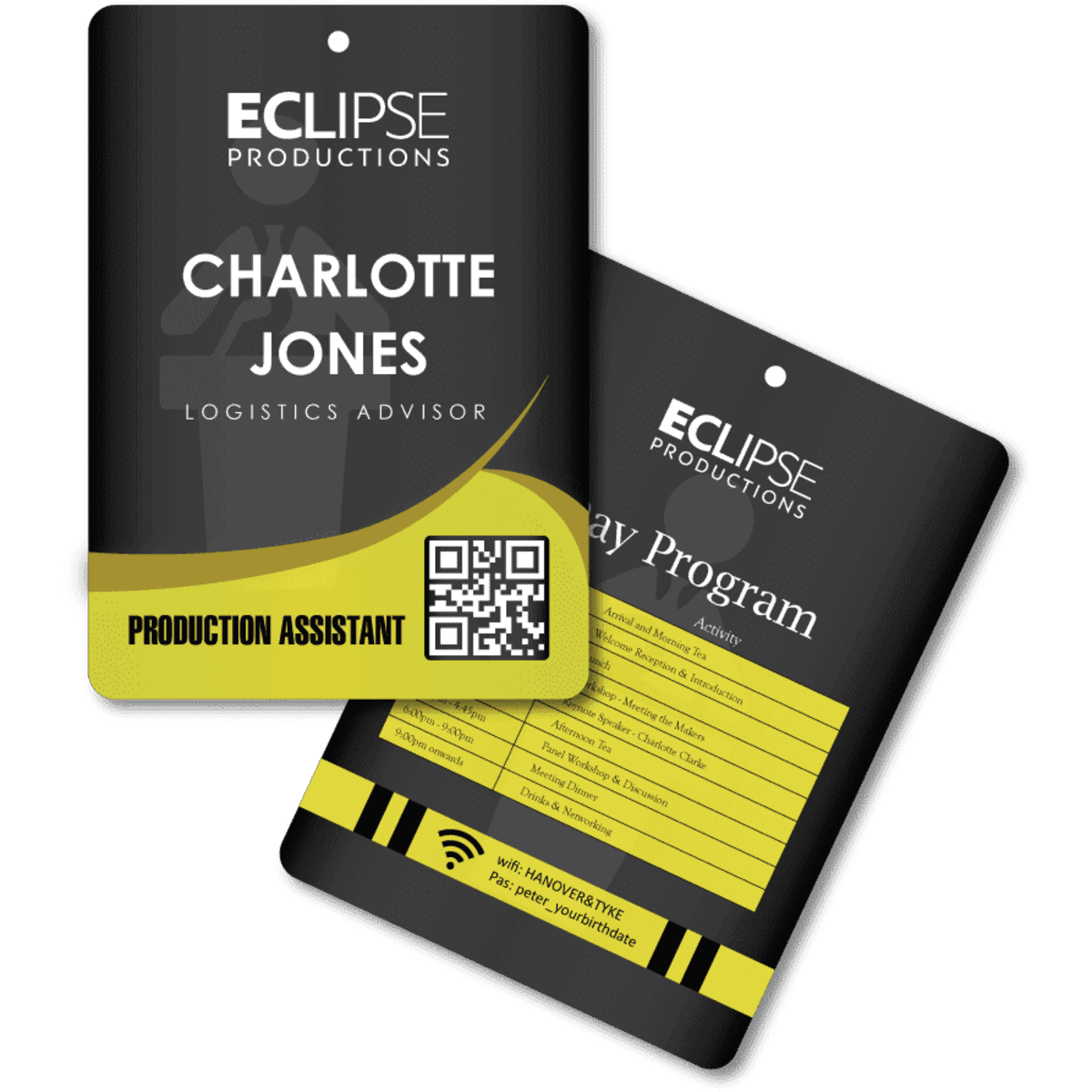 A black and yellow Eco Paper name tag with a hole at the top, featuring a logo and QR code.