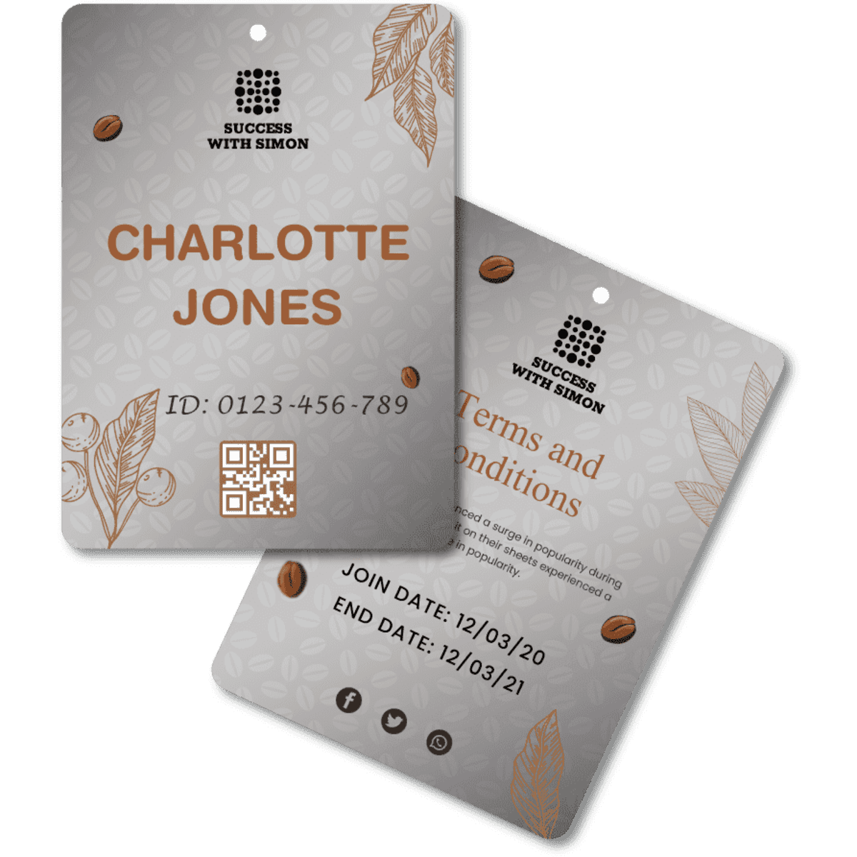 A grey promotional name tag featuring a coffee theme, with identification details and a QR code, single hole for attachment.