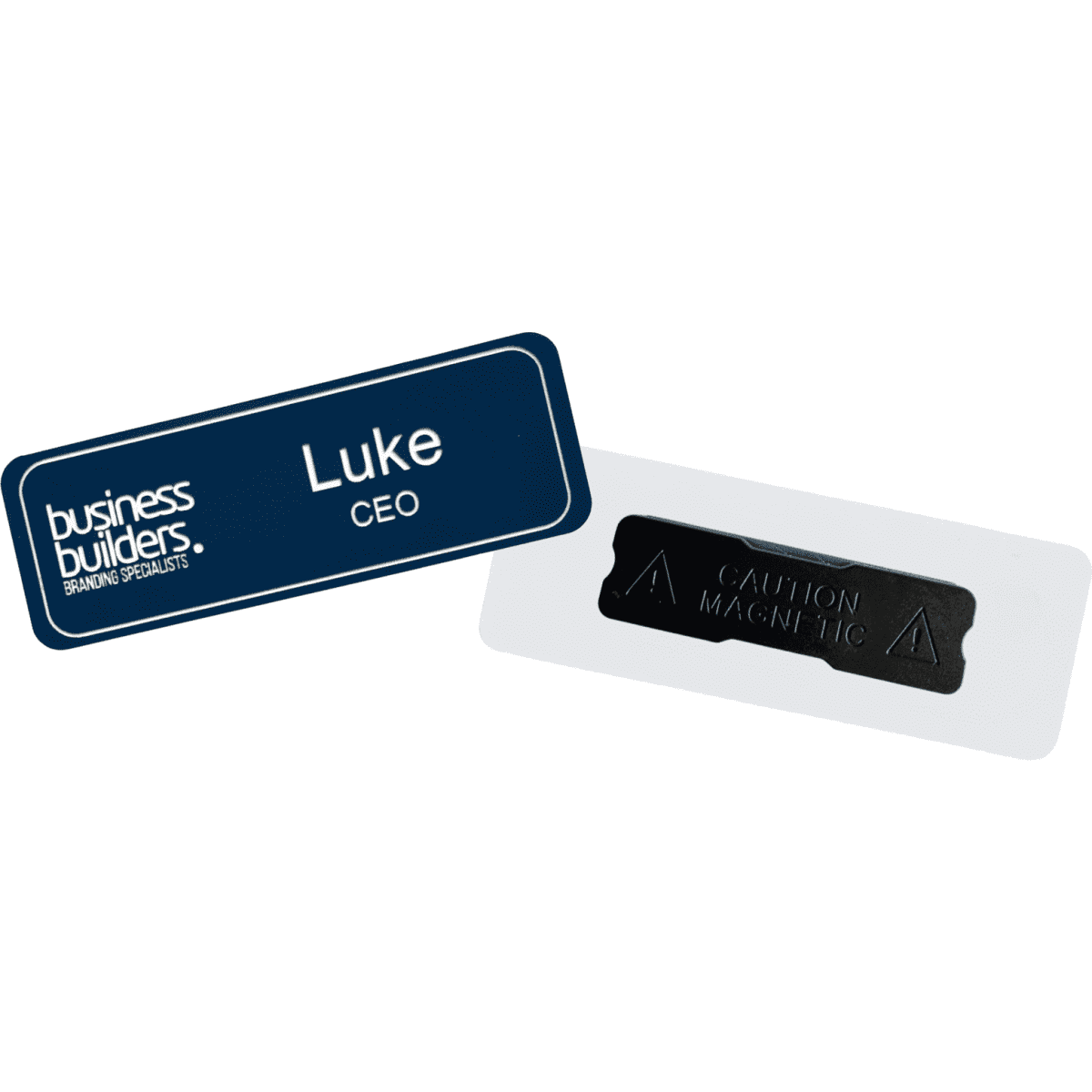 A blue plastic staff badge with engraved white text and a magnetic backing. Features a logo.