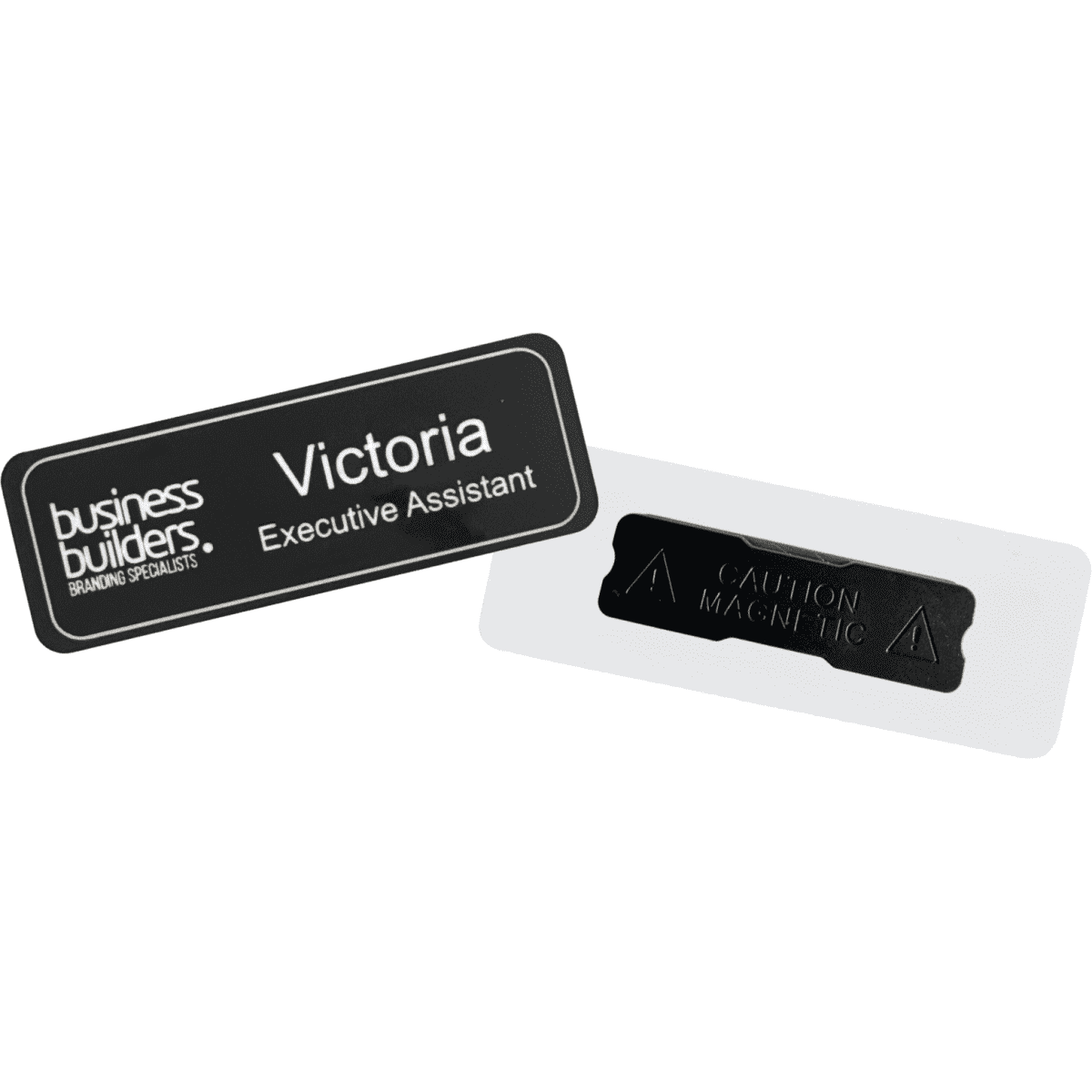 A black plastic staff badge with white text and a magnetic back, featuring an engraved name and title.