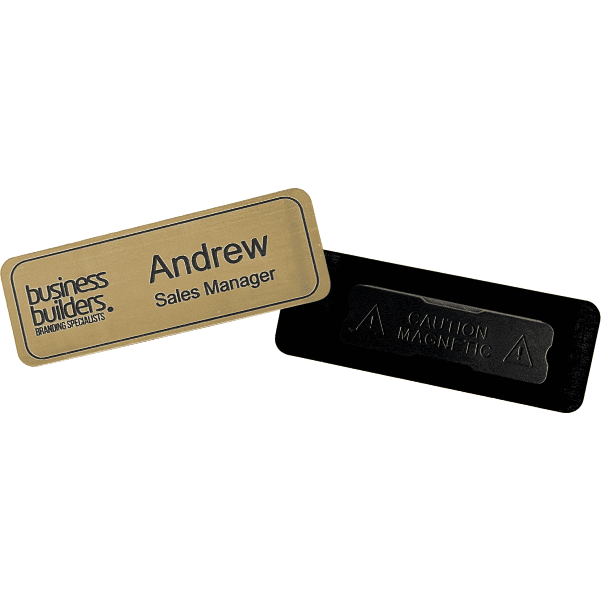 A plastic staff badge in gold with black text, featuring a logo and a black magnetic backing.