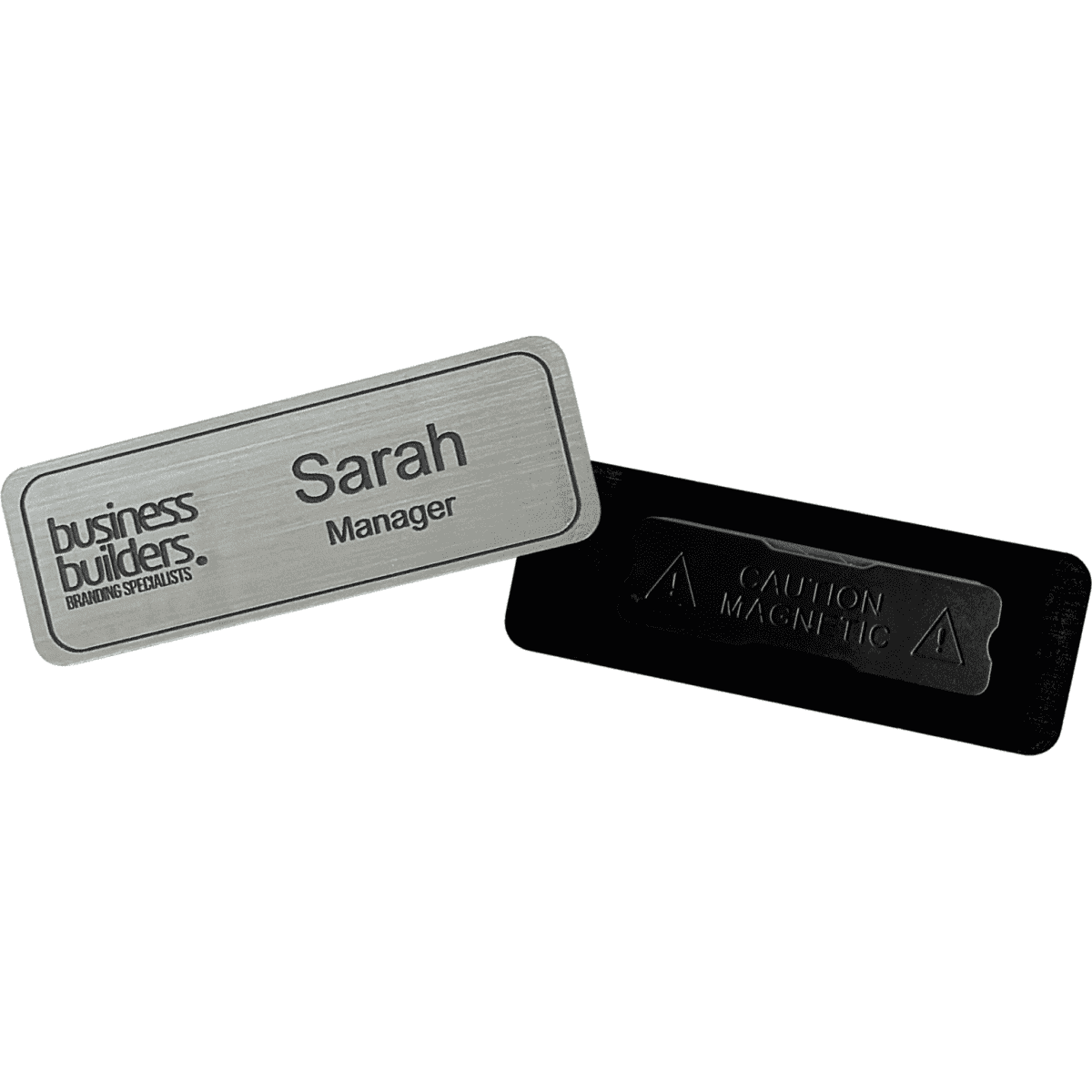 A plastic staff badge in silver with black text and a magnetic backing. Features an engraved name and logo.