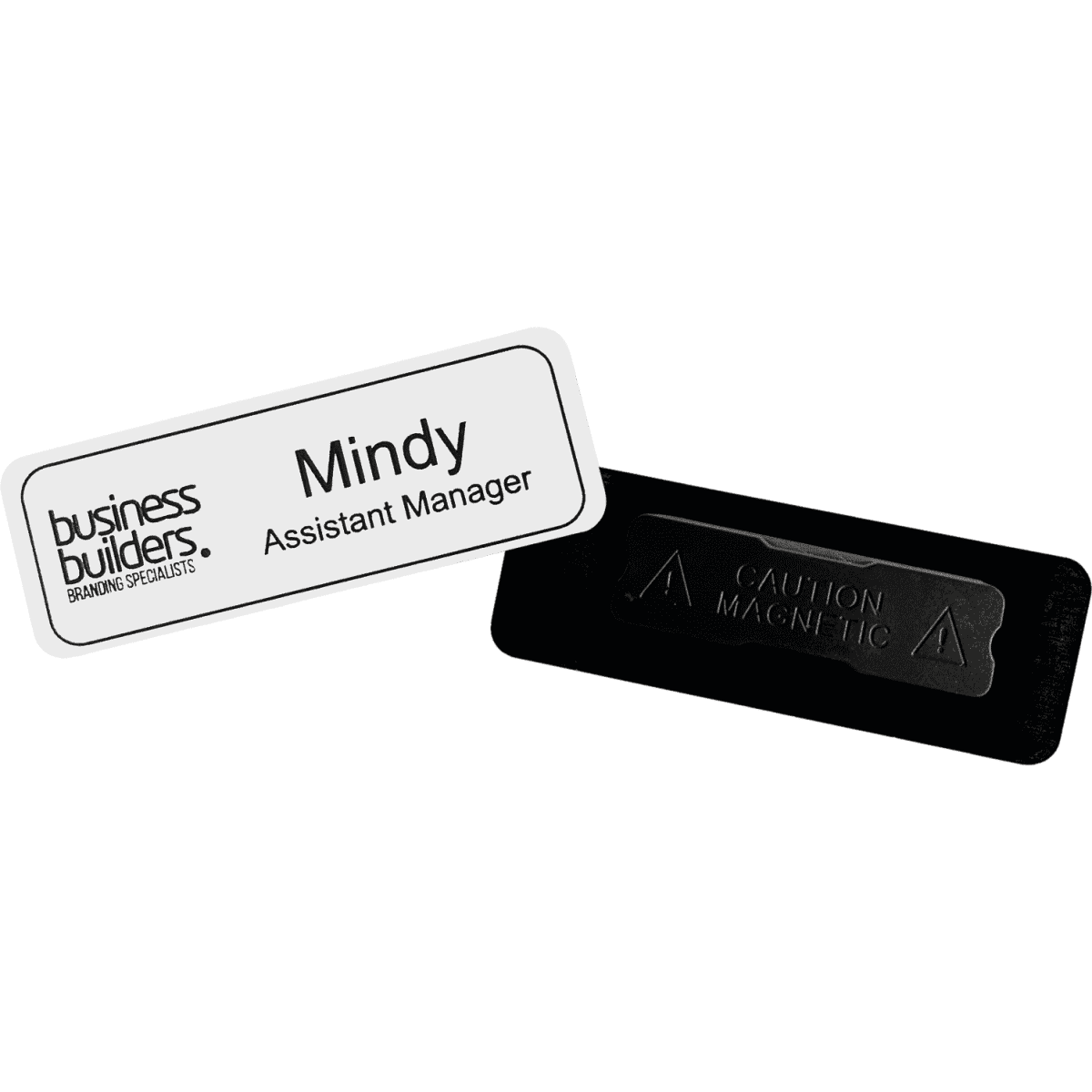 A plastic staff badge in white with black text and a black magnetic back, featuring a logo.