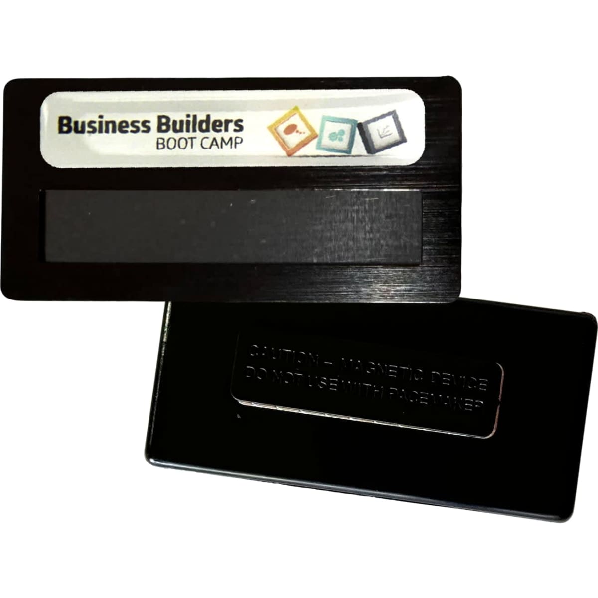 A DIY staff badge featuring a black finish with an epoxy label and magnet, designed for custom branding.