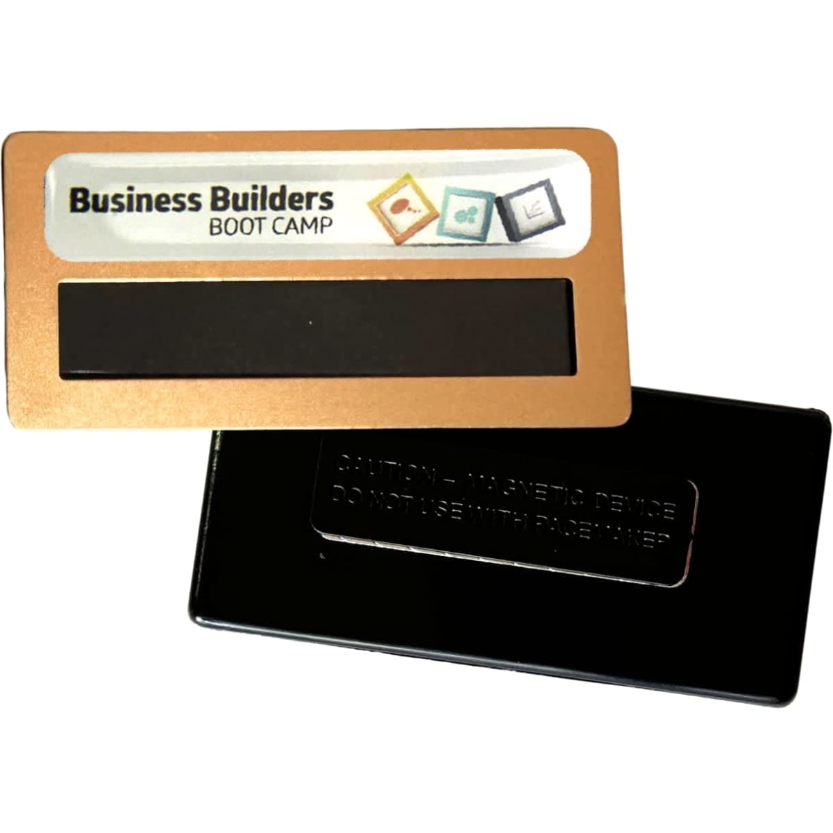 A gold and black DIY staff badge, featuring a glossy surface and an area for personalisation. It has a logo.