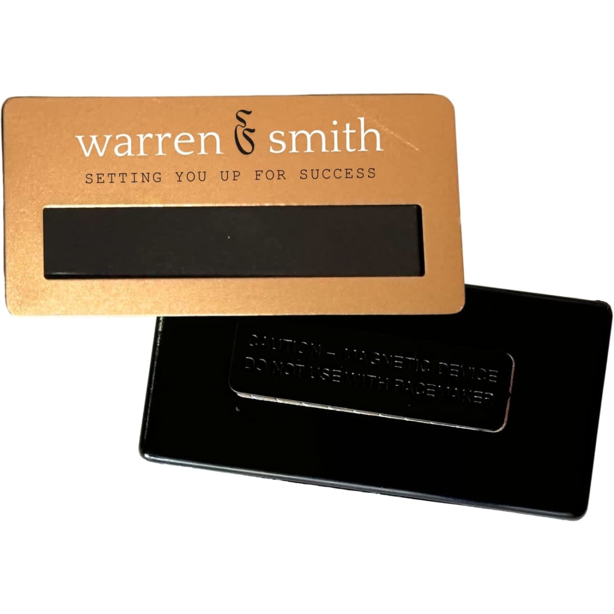 A gold and black DIY staff badge magnet, measuring 75x36mm, featuring a logo on the gold side.