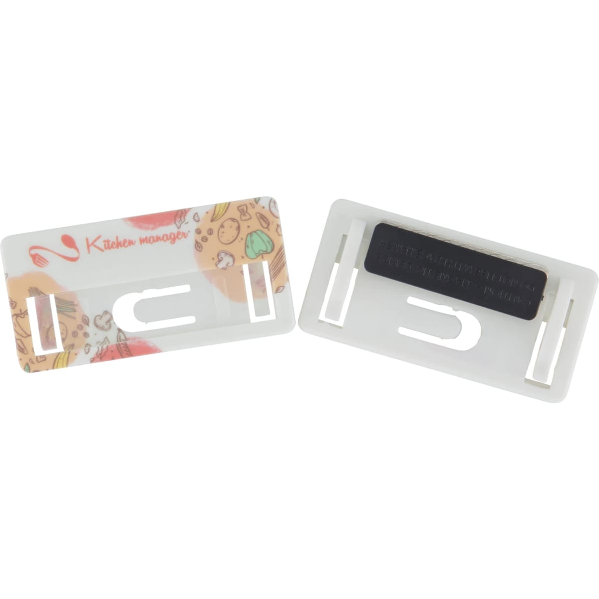 A promotional DIY staff badge in white, featuring a design on one side and a magnetic backing on the other.